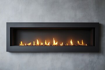 Horizontal ethanol fireplace with seamless black frame integrated into a matte gray feature wall 