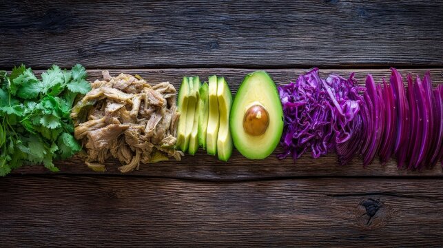 Fresh ingredients for a healthy salad include chopped cilantro, shredded avocado, ripe green slices,