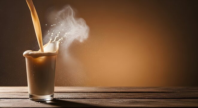 Beras kencur jamu poured with backlit rice powder dust, warm brown gradient