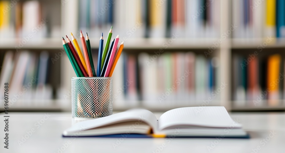 Poster colorful pencils in a holder next to an open notebook in a library setting