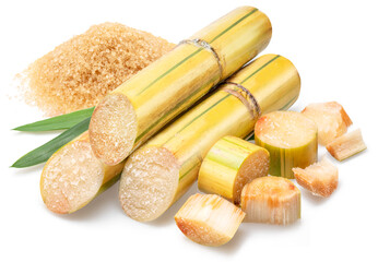 Sugarcane cuts and pile of brown sugar isolated on white background.