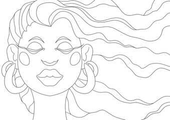 Cartoon character lineart design, coloring, transparent background - serene woman with big earrings and flowing hair
