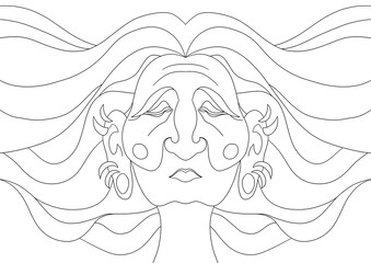 Cartoon character lineart design, coloring, transparent background - stylish senior woman with flowing hair