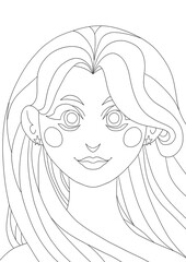 Cartoon character lineart design, coloring, transparent background - a pretty woman with long hair and star earrings