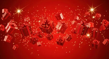 Red gift boxes with sparkling lights and glitter falling
