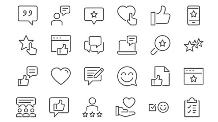 Fototapeta premium Communication and social media line icons set including chat, like, heart, star, feedback, comment, share, rating, interaction, user engagement vector illustration