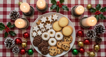 Christmas cookies and candles on a checkered tablecloth