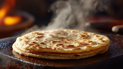 Close-Up of Chapati Puffing with Steam Rising