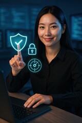 an Asian woman in dark clothes with a happy smile and glowing graphic interface for cybersecurity concept, digital protection and data privacy on the blurred dark background.