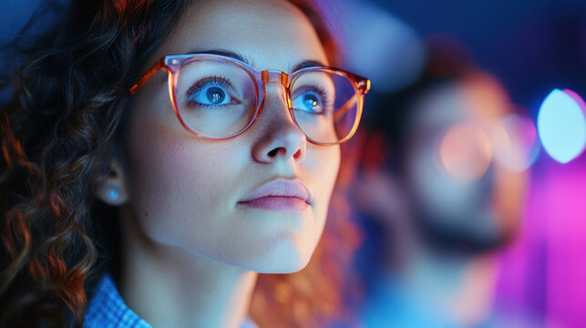 Focused young woman wearing glasses observing futuristic digital screen in vibrant neon environment with thoughtful expression