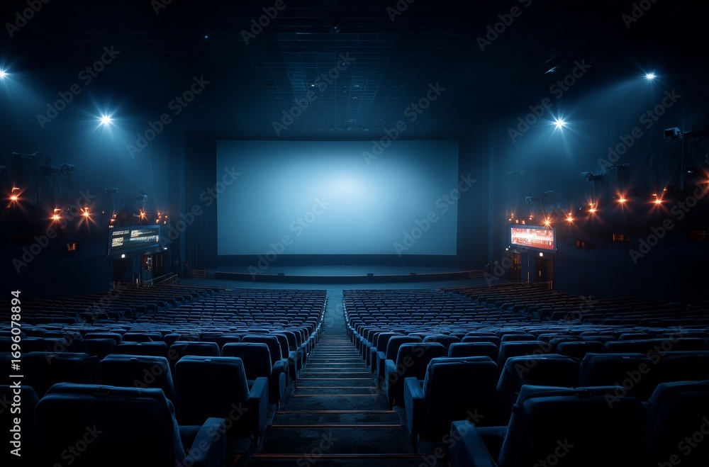 Poster Empty Theater With Dim Lighting and a Large Projection Screen Ready for the Next Show