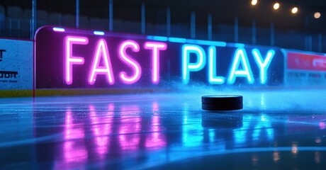 Neon sign displays FAST PLAY above blurred ice rink. Lights reflect, creating vibrant, dynamic scene. Minimalist puck rests center stage.