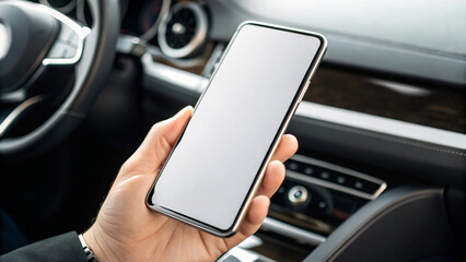 Person holding a smartphone inside a modern car while parked at a street location in the afternoon