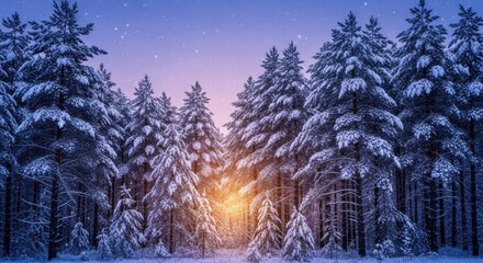 Snowcovered pine forest at dusk with a warm glow from within