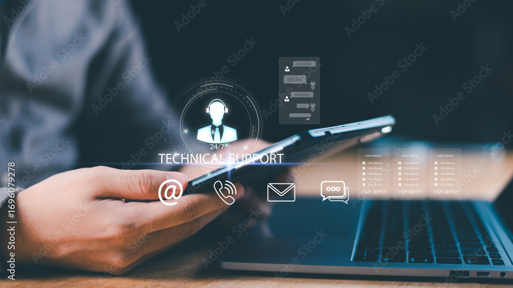 Poster modern concept of 24/7 technical support with multi-channel communication icons including chatbot, e