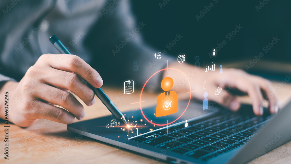 Poster close-up hand using stylus on laptop with digital ui for hr analytics and candidate targeting. illus