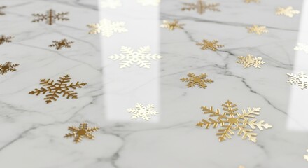 Gold snowflakes scattered on a marble surface