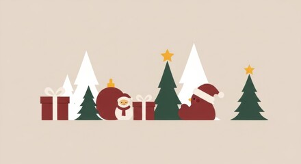 Festive christmas scene with trees, gifts, and santa elements