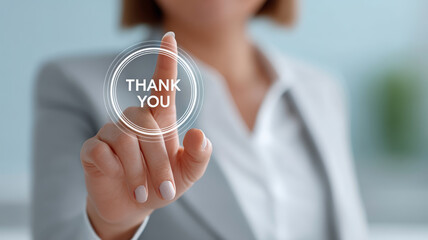 A close-up of a professional woman touching a digital interface displaying the phrase "THANK YOU," indicating appreciation or acknowledgment.
