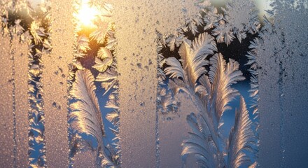 Intricate frost patterns form on a window pane with the sun shining through