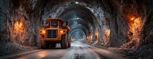 Massive Dump Truck Working in Underground Mine Filled With Minerals and Rocks at Night.
