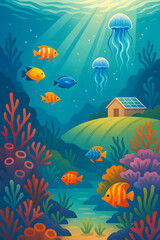 Fototapeta premium Vivid Underwater Scene – 9:16 Semi-Realistic Coral Reef with Tropical Fish and Jellyfish