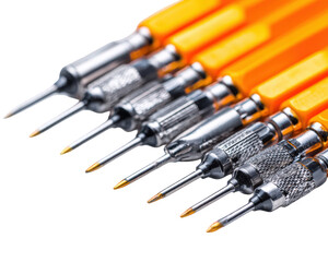 Close-up of a Set of Precision Screwdrivers with Orange Handles Against Black Background