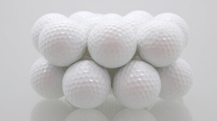 A group of white golf balls arranged artistically in a balanced formation against a soft neutral background,