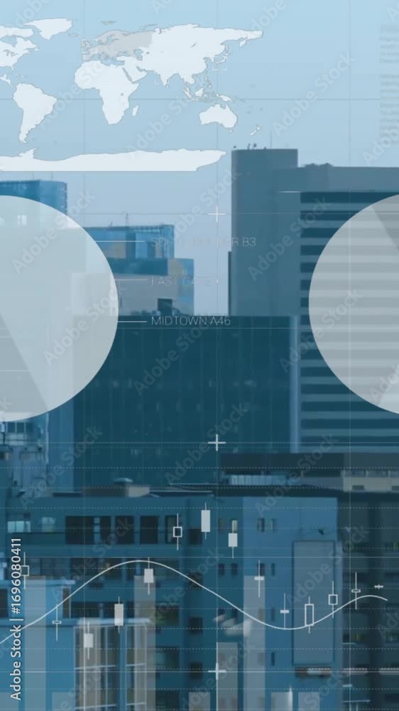 Poster animation of charts processing data over modern cityscape