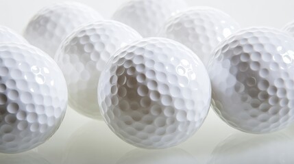 White golf balls with textured dimples arranged closely on a reflective surface,