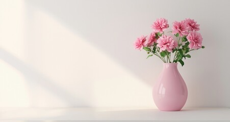 Fototapeta premium Pink Flowers in a Vase on a Light Background With Soft Shadows During the Day
