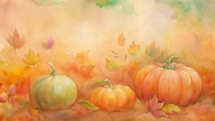 Autumn watercolor painting of pumpkins and colorful fall leaves on a warm, textured background
