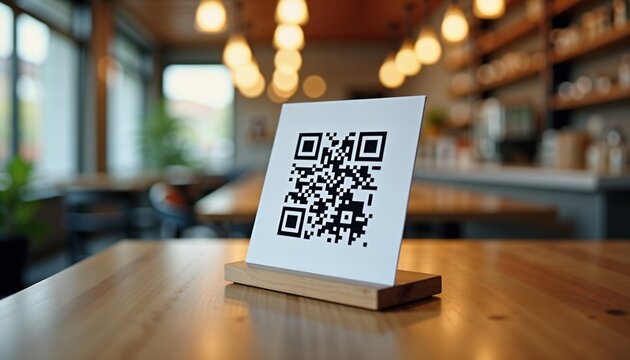 QR code payment stand on wooden cafe table in daylight