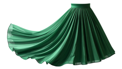 Elegant Pleated Skirt: A classic green pleated skirt with soft folds floats gracefully, showcasing timeless style and sophistication isolated on solid white background Png