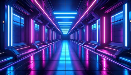 Fototapeta premium A futuristic corridor glows with vibrant neon lighting. The perspective draws the eye down the long hallway, reflecting off the shiny floor, creating an immersive and otherworldly atmosphere