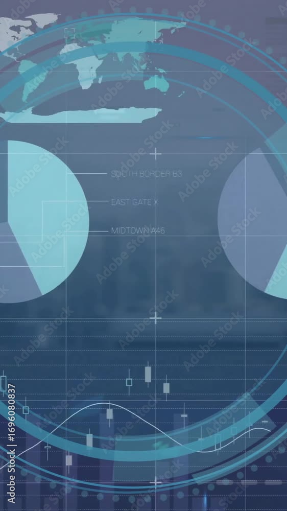 Aufkleber animation of financial data processing and scope scanning over cityscape