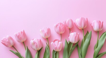 Fototapeta premium Bright Pink Tulips Arranged on a Soft Pink Background for Fresh Floral Decor and Spring Vibes.