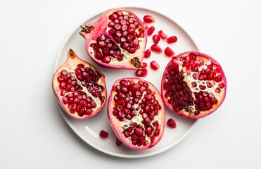 Bright Red Pomegranates Cut Into Halves and Arranged on a White Plate Against a Plain Background