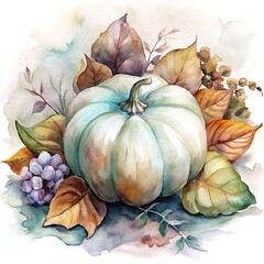 A beautiful watercolor painting of a pale green pumpkin surrounded by autumn leaves and purple flowers, evoking a cozy fall harvest