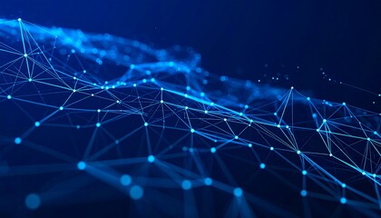 Obraz premium A futuristic, deep-blue digital illustration depicts an interconnected web of luminous nodes and lines. The complex network suggests data flow and digital connections