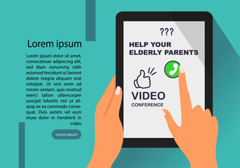 Help to elderly parents. Modern old people using internet, computers, tablet. Young people help old parents with computer. Vector illustration.