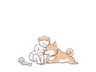 芝犬に寄り添う赤ちゃん、おもちゃ