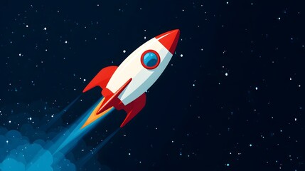 Illustration of rocket in space concept. Flat illustration of a rocket with clouds and planets.