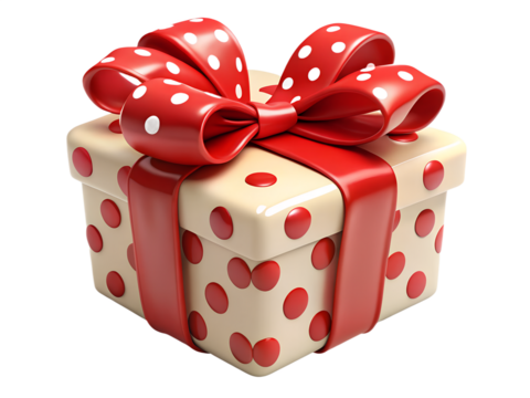 3d illustration of a festive gift box with a red polka dot ribbon and bow, isolated on transparent background