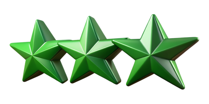 3d illustration of three green stars in a row, isolated on transparent background - Powered by Adobe