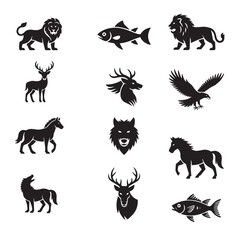 Naklejka premium A set of animal silhouette vector illustrations featuring a collection of wild and farm animals like a deer, elephant, tiger, and cow in black