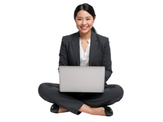 Young professional Asian woman working remotely with her laptop on an isolated transparent