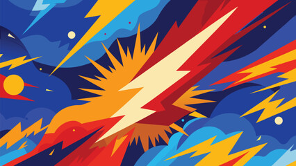 Vector illustration of thunder and lightning in pop art style. Colorful background.