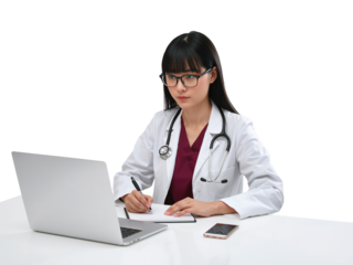 Dedicated asian female physician reviewing patient records on laptop with transparency