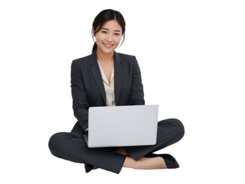 Smiling asian professional woman working remotely with laptop on transparent space
